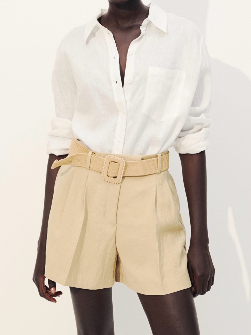 H&M Beige High Waist Pleated Shorts With Woven Belt Size 14